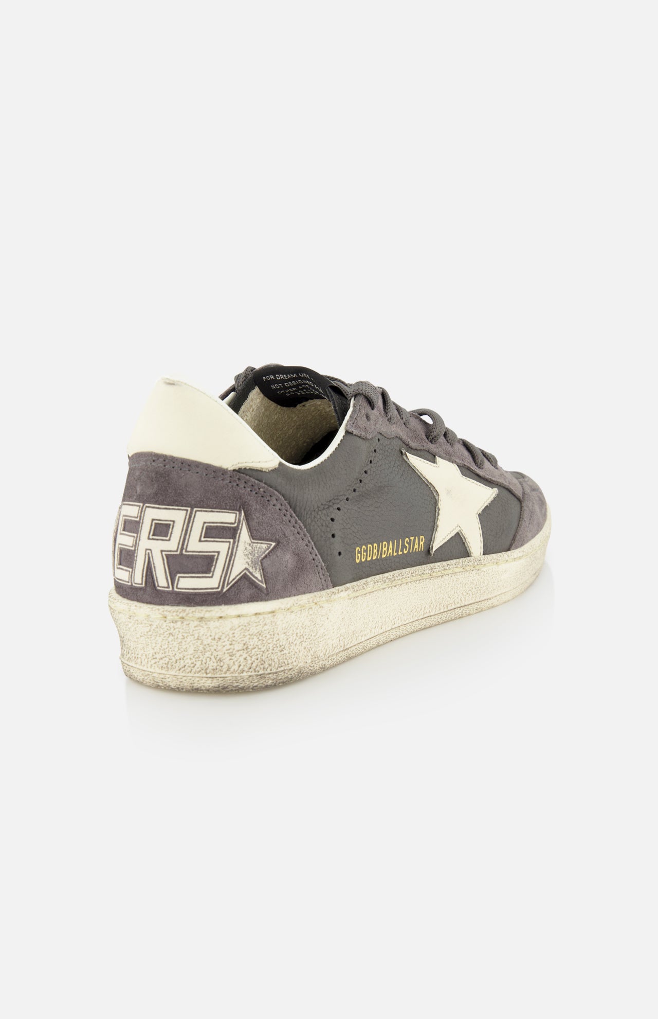 The GOLDEN GOOSE Ballstar Nabuk Upper Suede Sneaker for men features gray and white leather, a large star on the side, gold GGDB/BALLSTAR text, stylized SNEAKERS on the heel, and a worn vintage look.