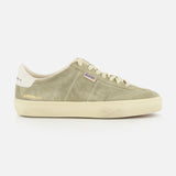 Introducing the Soul-Star Suede Sneaker by GOLDEN GOOSE—a light green suede low-top featuring an off-white sole and laces, taupe detailing on the heel, and a subtle branded tag along the side. Classic Golden Goose design is highlighted with refined gold lettering near the heel for understated elegance.