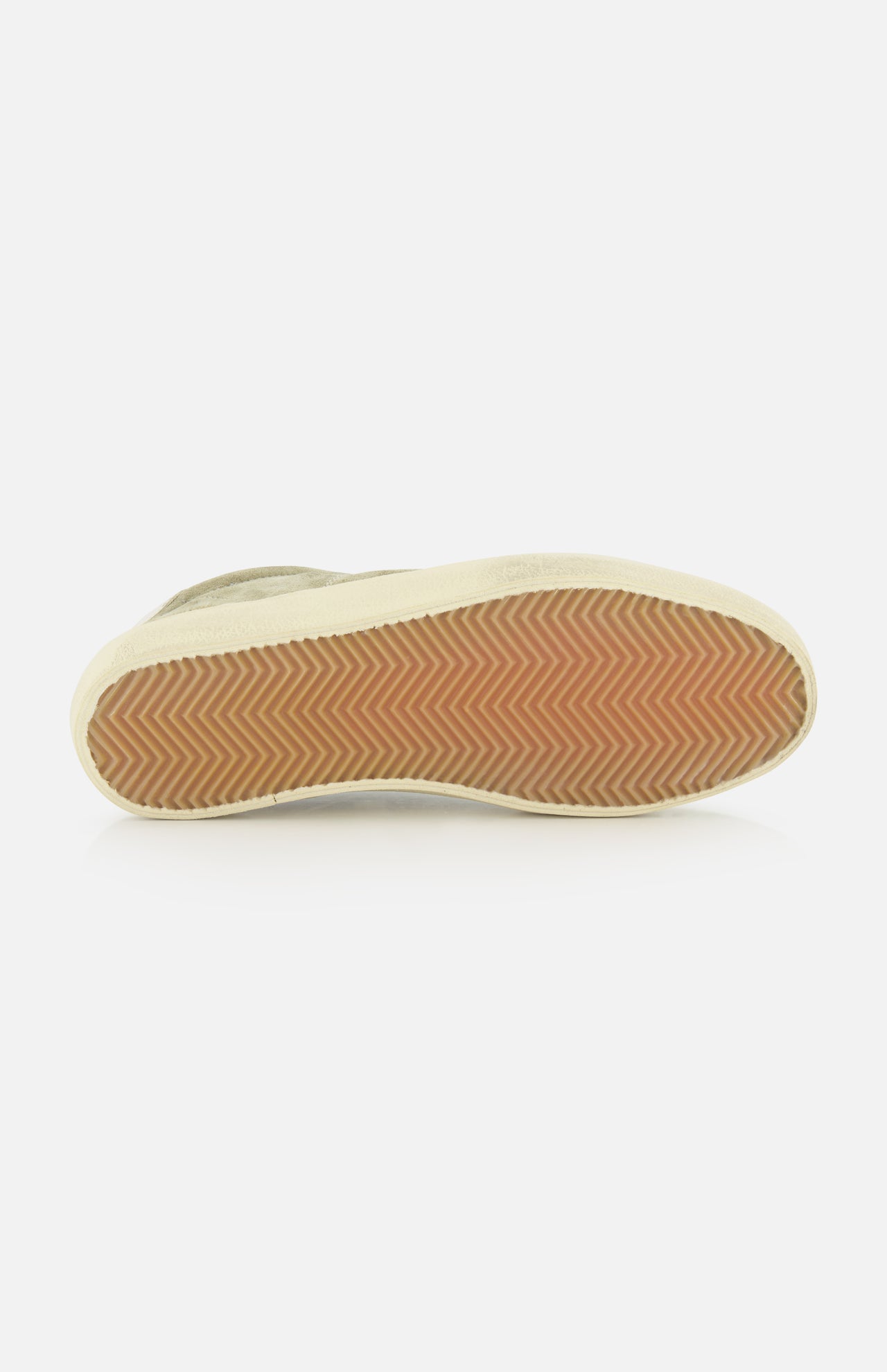 A view of the Soul-Star Suede Sneaker by GOLDEN GOOSE from the bottom, highlighting its brown rubber sole with a herringbone pattern and an off-white outer edge. The sneaker features classic taupe suede and is set against a plain white background.