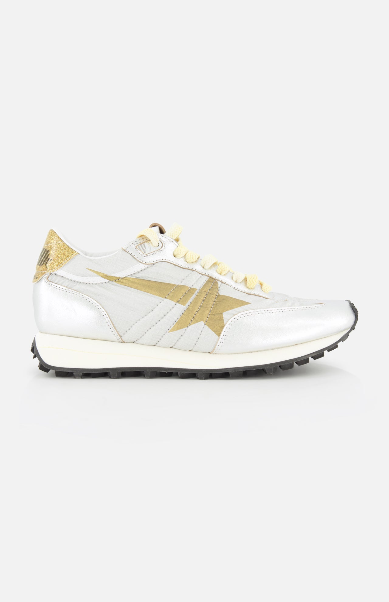 The GOLDEN GOOSE Running Marathon Sneaker features a white upper, gold accents, gold glitter heel tab, beige laces, and a black textured sole—true to the brand’s signature style—shown on a plain white background.
