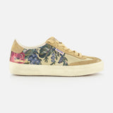 The GOLDEN GOOSE Soul-Star Canvas Sneaker features a beige canvas upper, tan laces and sole, and a botanical print with blue, purple, and pink flowers. Retro style with visible brand tags adds a signature touch.