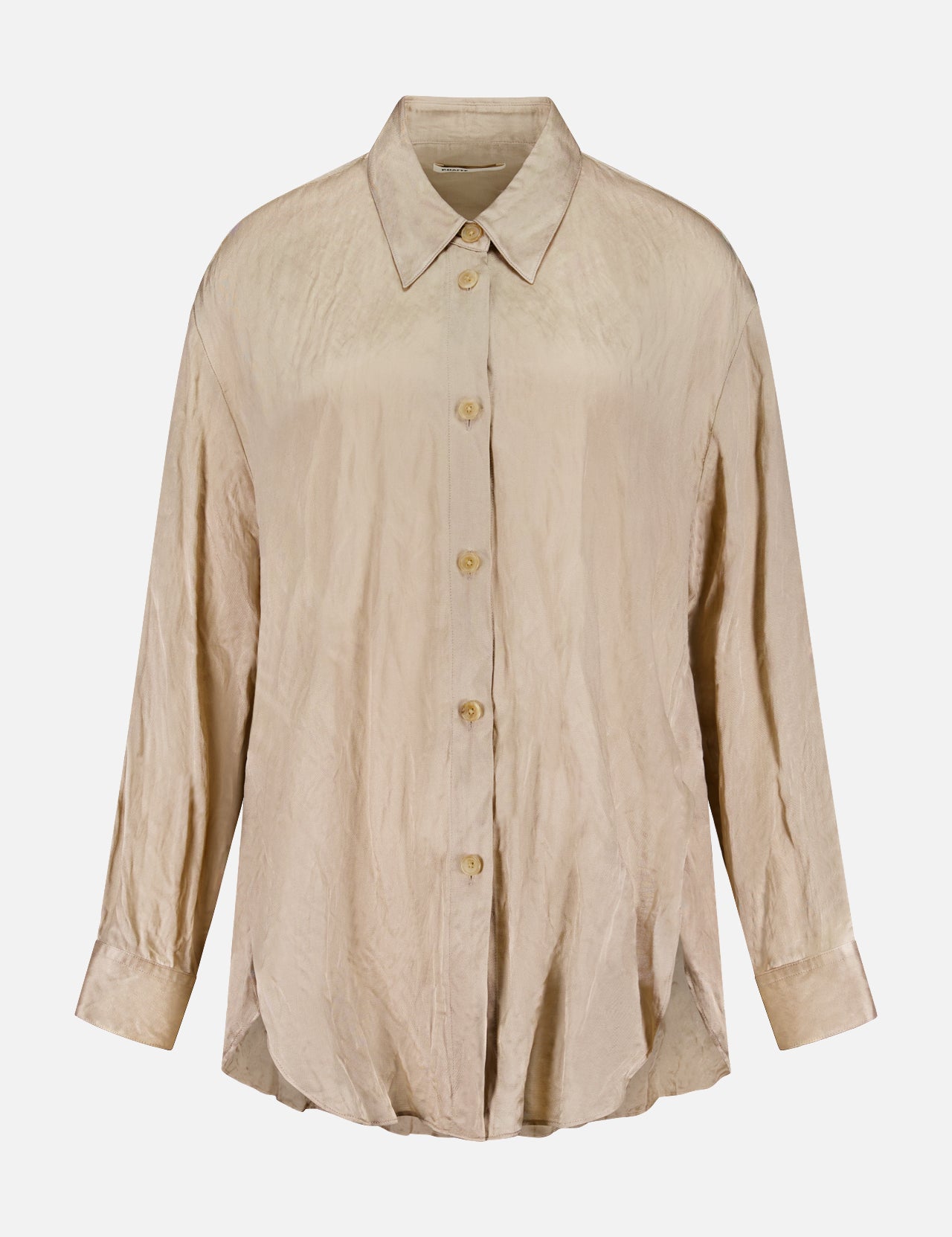 The KHAITE Goya Crinkle Effect Top is a beige, long-sleeve button-up shirt with a collar and relaxed fit, crafted from crinkle-effect fabric with a subtle shine—ideal for minimalist wardrobes. Shown against a plain white background.