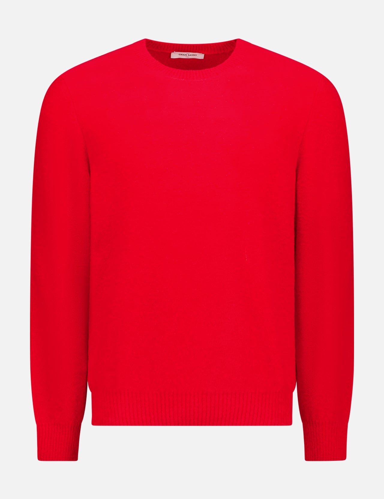 The GRAN SASSO Crewneck Bouclè Sweater is shown against a white background. This bright red pullover features ribbed cuffs, hem, and neckline, offering a clean, classic look with no visible patterns or logos.