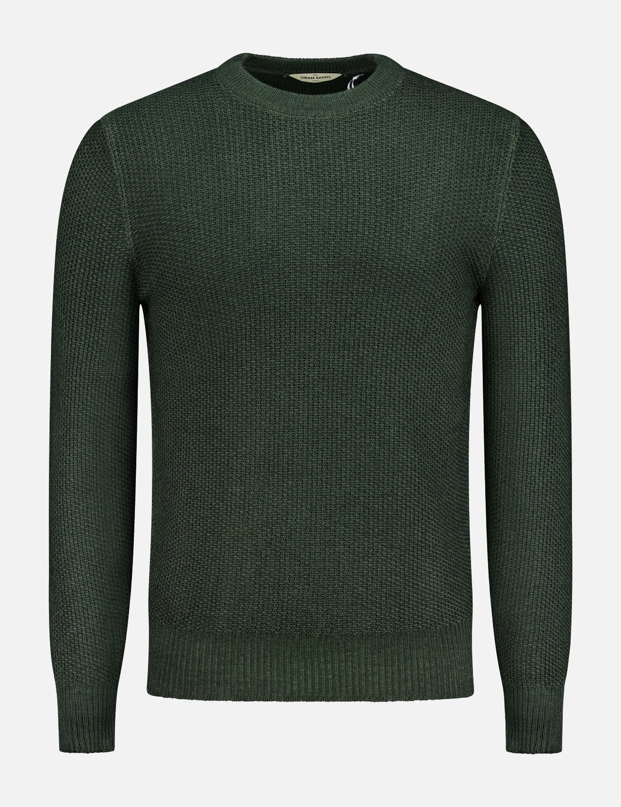 The GRAN SASSO Virgin Wool Crewneck Sweater features a classic forest green color, long sleeves, and a knitted design, crafted from pure virgin wool and shown on a white background.