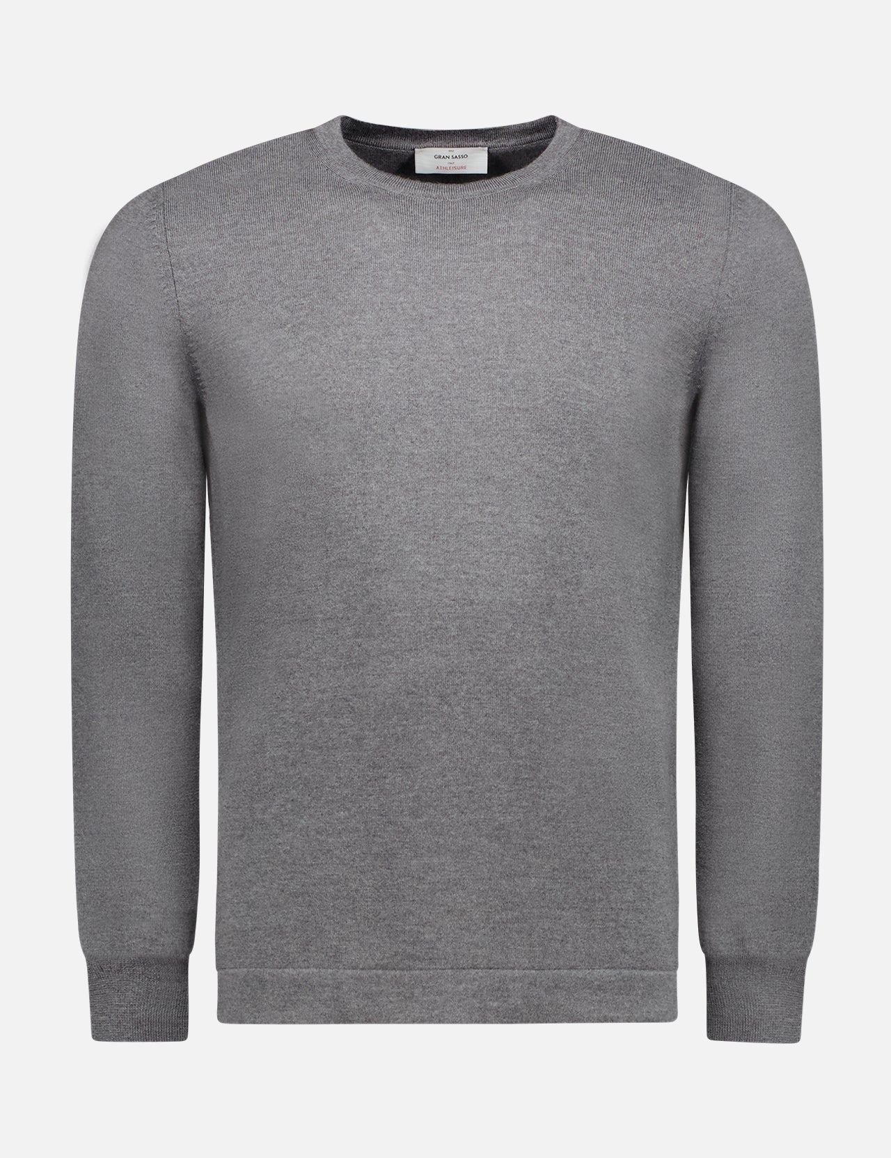 The GRAN SASSO Crewneck Sweater, crafted in Italy from 100% virgin wool, features long sleeves, a grey hue, and ribbed cuffs and hem. Displayed against a white background, it offers a classic and timeless style.