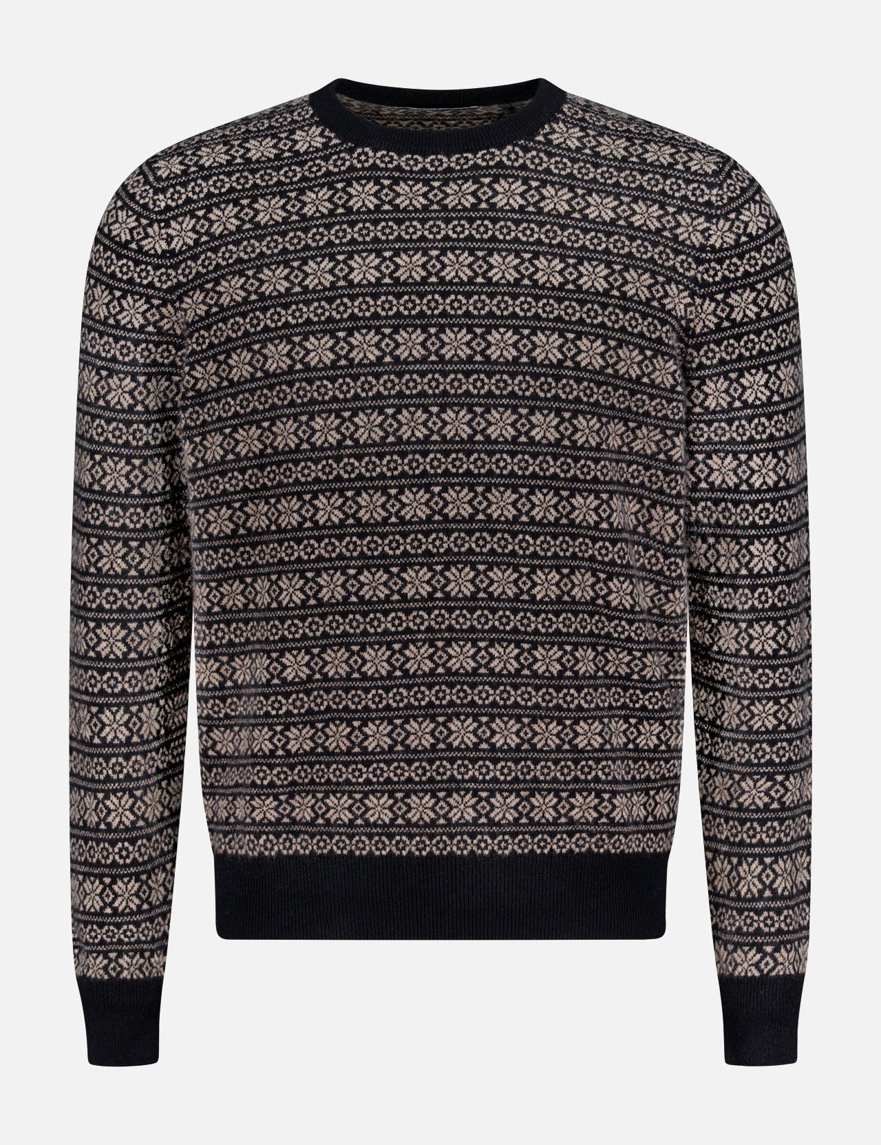 The GRAN SASSO Fair Isle Crewneck Sweater is a dark cashmere knit with a beige and light gray geometric pattern, ribbed cuffs, hem, and collar. Expertly made in Italy.