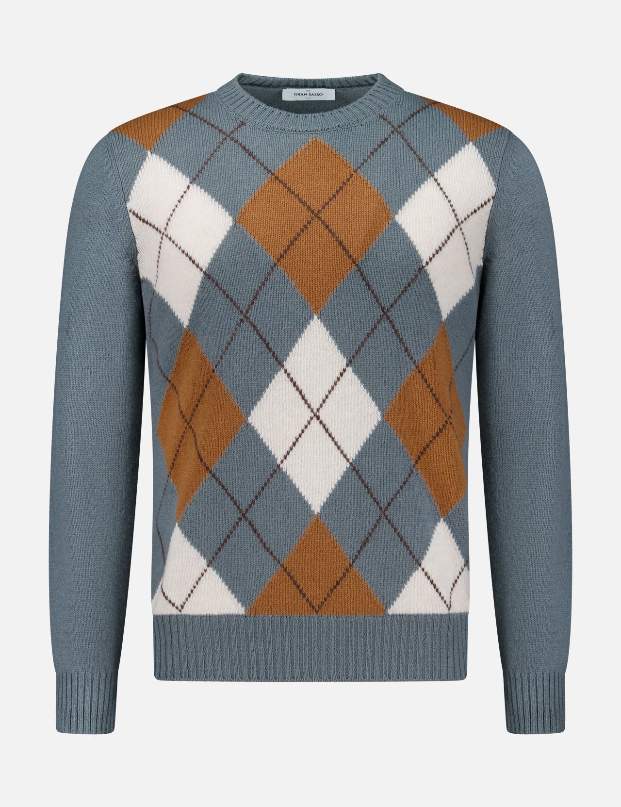 The Argyle Pattern Crewneck Sweater by GRAN SASSO is a long-sleeve, crew-neck design crafted from pure virgin wool. It showcases a blue base with an argyle pattern in brown, white, and blue diamonds, and is finished with ribbed cuffs, collar, and hem. Expertly made in Italy.