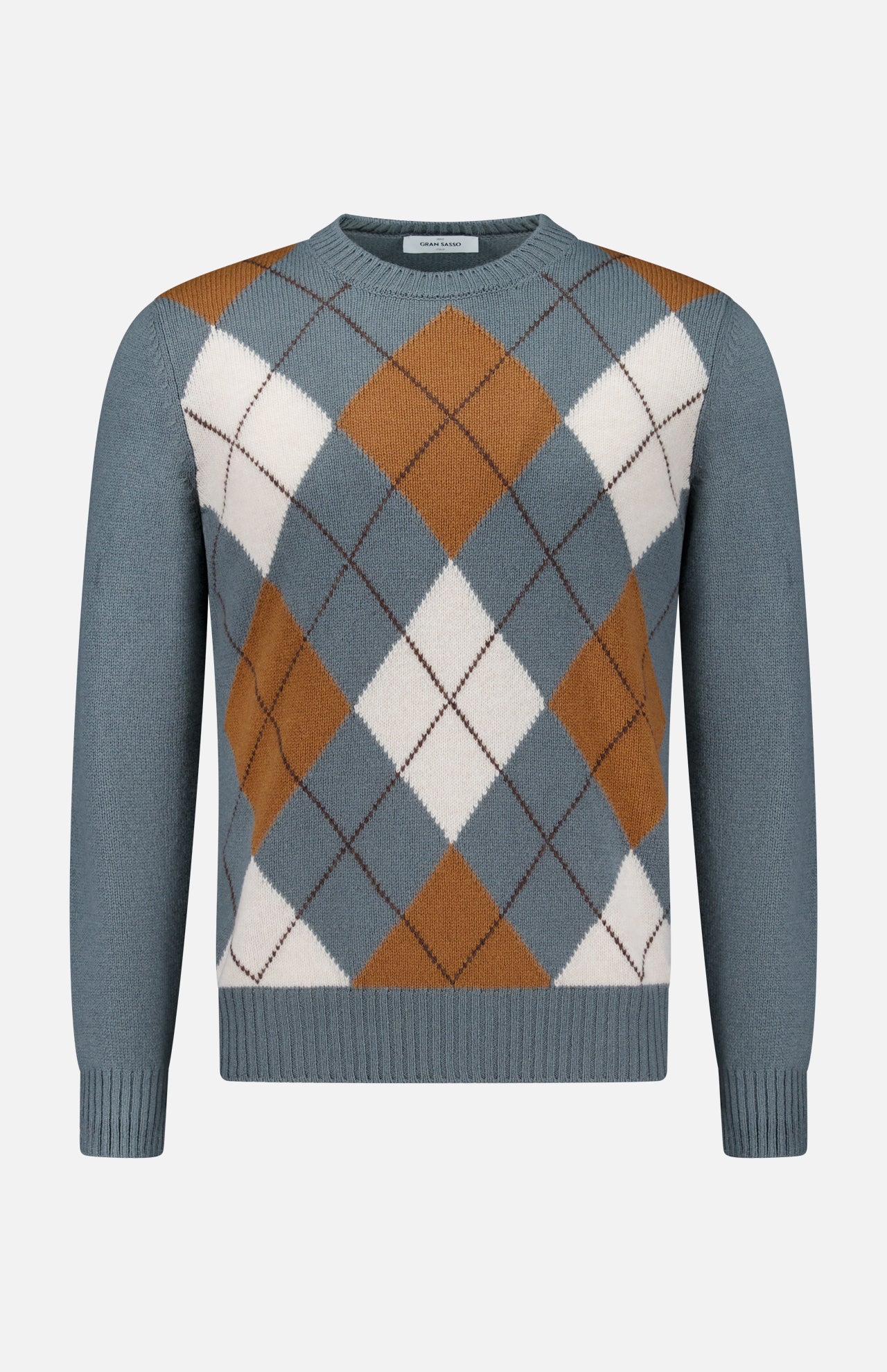 The Argyle Pattern Crewneck Sweater by GRAN SASSO is a long-sleeve, crew-neck design crafted from pure virgin wool. It showcases a blue base with an argyle pattern in brown, white, and blue diamonds, and is finished with ribbed cuffs, collar, and hem. Expertly made in Italy.