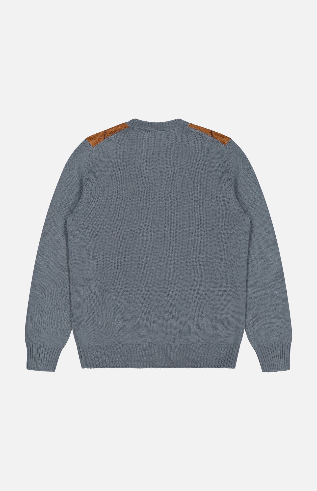 A gray long-sleeve Argyle Pattern Crewneck Sweater by GRAN SASSO is displayed flat with the back facing up. Made in Italy from virgin wool, this sweater features brown suede shoulder patches and is finished with ribbed cuffs, hem, and neckline for a refined touch.