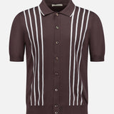 The GRAN SASSO Button Up Knit Short Sleeve Shirt is a dark brown, 100% cotton shirt with a collar, button-front closure, and vertical white stripes on the front.
