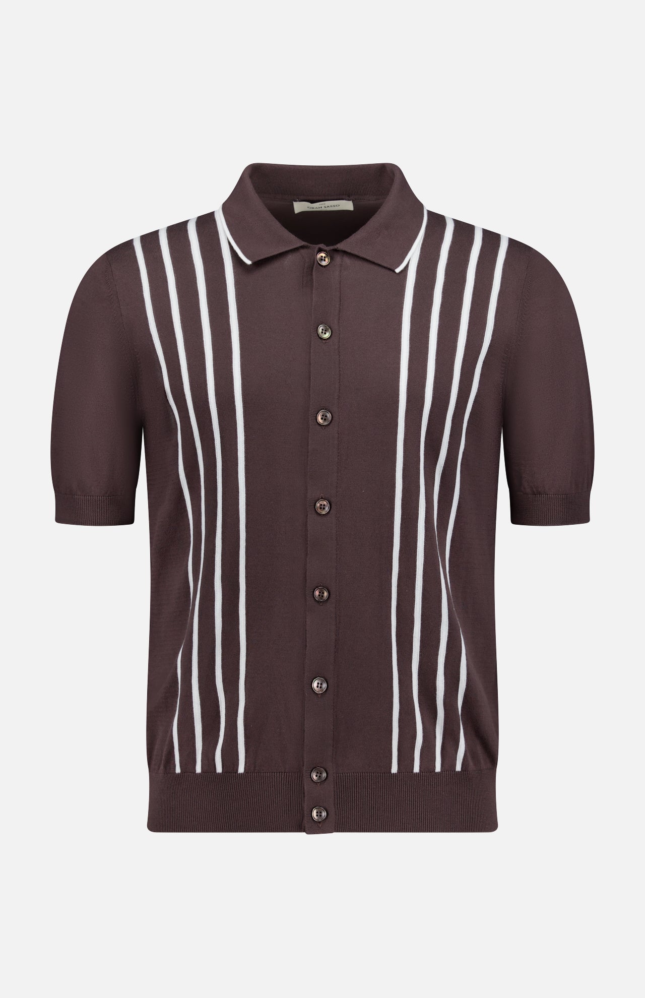 The GRAN SASSO Button Up Knit Short Sleeve Shirt is a dark brown, 100% cotton shirt with a collar, button-front closure, and vertical white stripes on the front.