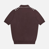 Back view of the GRAN SASSO Button Up Knit Short Sleeve Shirt in dark brown, with white stripes on the collar and shoulders, short sleeves, button-front, ribbed cuffs and hem. Made from 100% cotton for comfort.