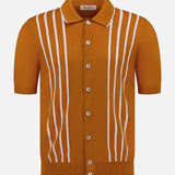 The GRAN SASSO Button Up Knit Short Sleeve Shirt features a collar, burnt orange color, and vertical white stripes on the front in a retro style.