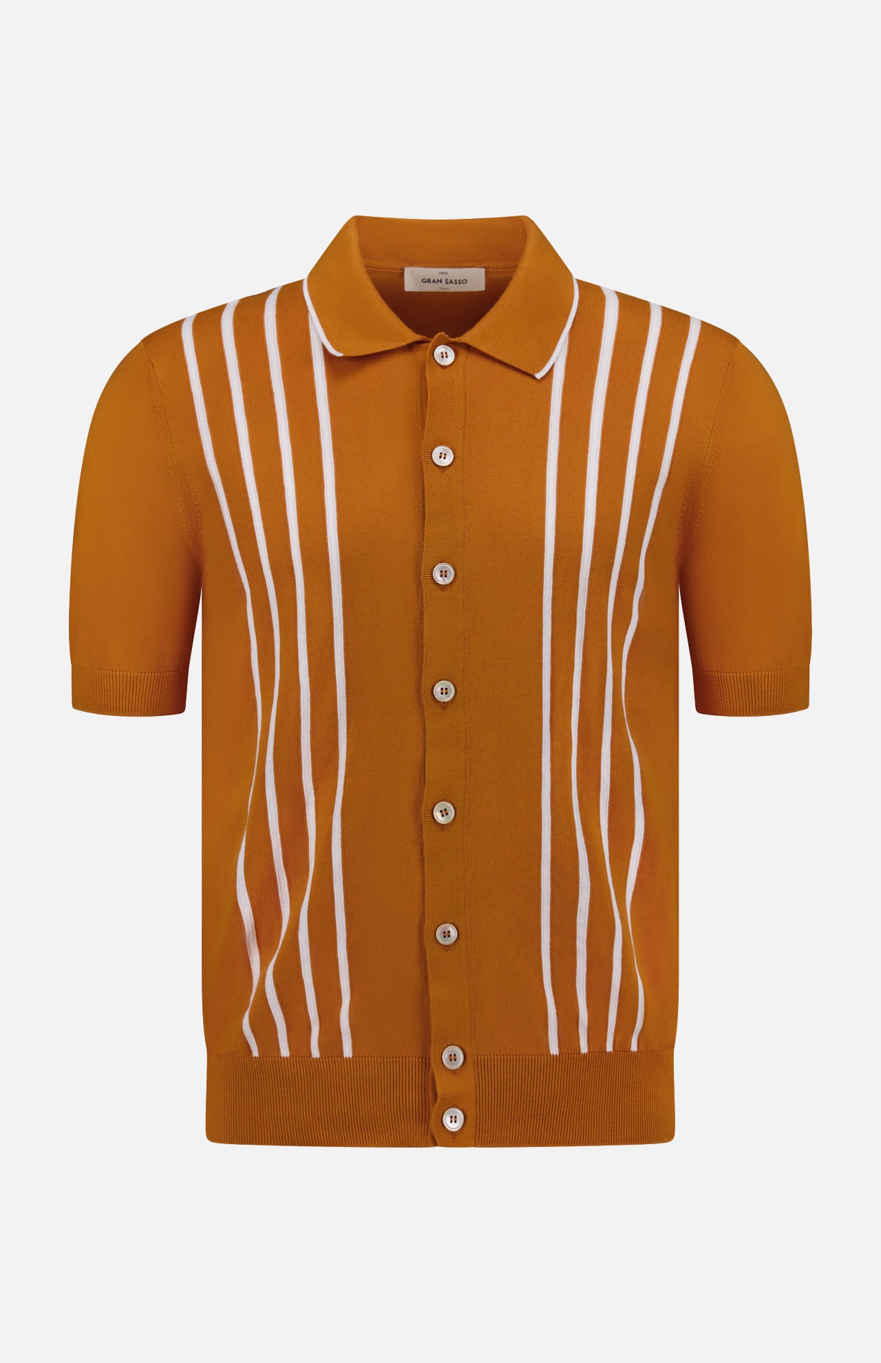 The GRAN SASSO Button Up Knit Short Sleeve Shirt features a collar, burnt orange color, and vertical white stripes on the front in a retro style.