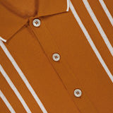 Close-up of the GRAN SASSO Button Up Knit Short Sleeve Shirt in brown with white vertical stripes, a collar trimmed with white piping, and four brown buttons. Label shows "Gran Sasso Italy.