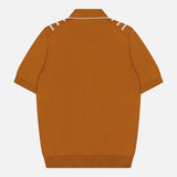 The GRAN SASSO Button Up Knit Short Sleeve Shirt is 100% cotton, burnt orange, with a collar and beige shoulder stripes, shown from the back against a white background.