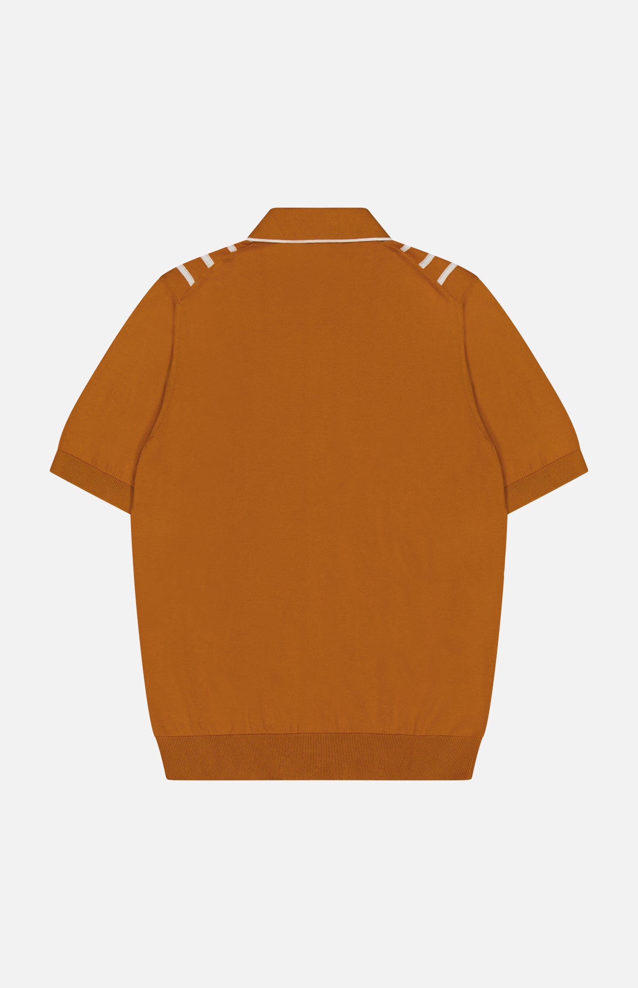 The GRAN SASSO Button Up Knit Short Sleeve Shirt is 100% cotton, burnt orange, with a collar and beige shoulder stripes, shown from the back against a white background.