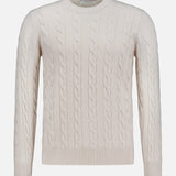 GRAN SASSO Cable Knit Crewneck Sweater in an ivory hue, featuring long sleeves, classic cable-knit details, and a crew neckline, displayed against a plain white background.