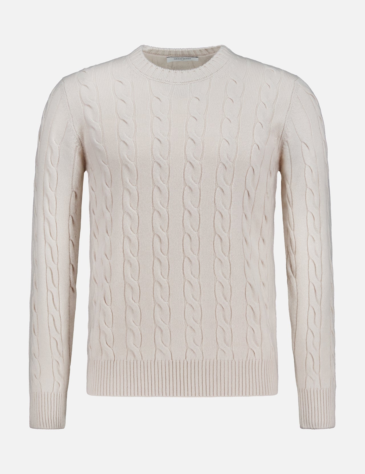 GRAN SASSO Cable Knit Crewneck Sweater in an ivory hue, featuring long sleeves, classic cable-knit details, and a crew neckline, displayed against a plain white background.
