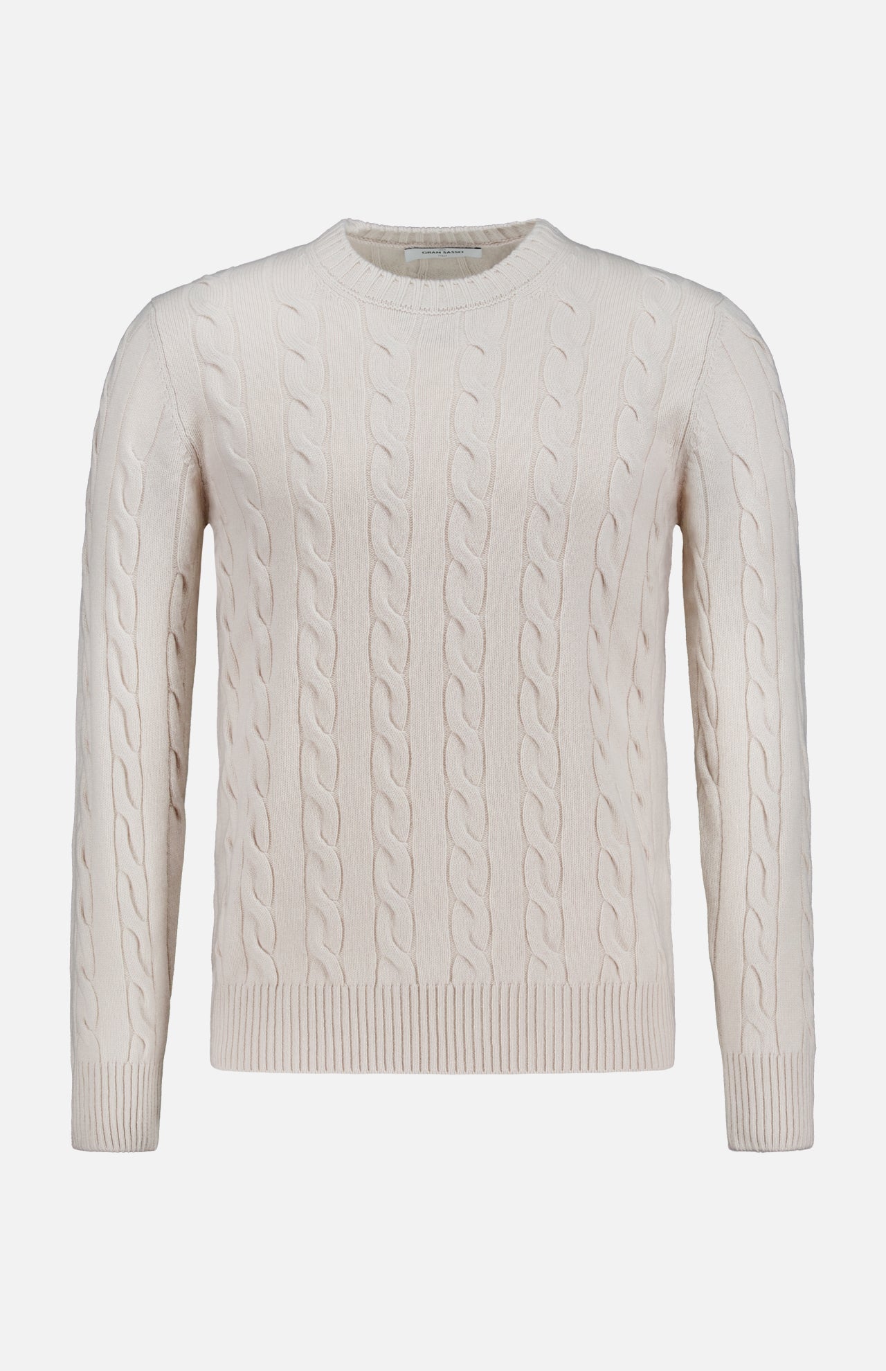GRAN SASSO Cable Knit Crewneck Sweater in an ivory hue, featuring long sleeves, classic cable-knit details, and a crew neckline, displayed against a plain white background.