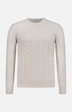 GRAN SASSO Cable Knit Crewneck Sweater in an ivory hue, featuring long sleeves, classic cable-knit details, and a crew neckline, displayed against a plain white background.