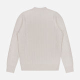 A GRAN SASSO Cable Knit Crewneck Sweater in a cream shade is displayed laid flat to show the back side. This wool-blend pullover features long sleeves, a crew neckline, and ribbed detailing at the cuffs, hem, and neck. The sweater is set against a plain white background.
