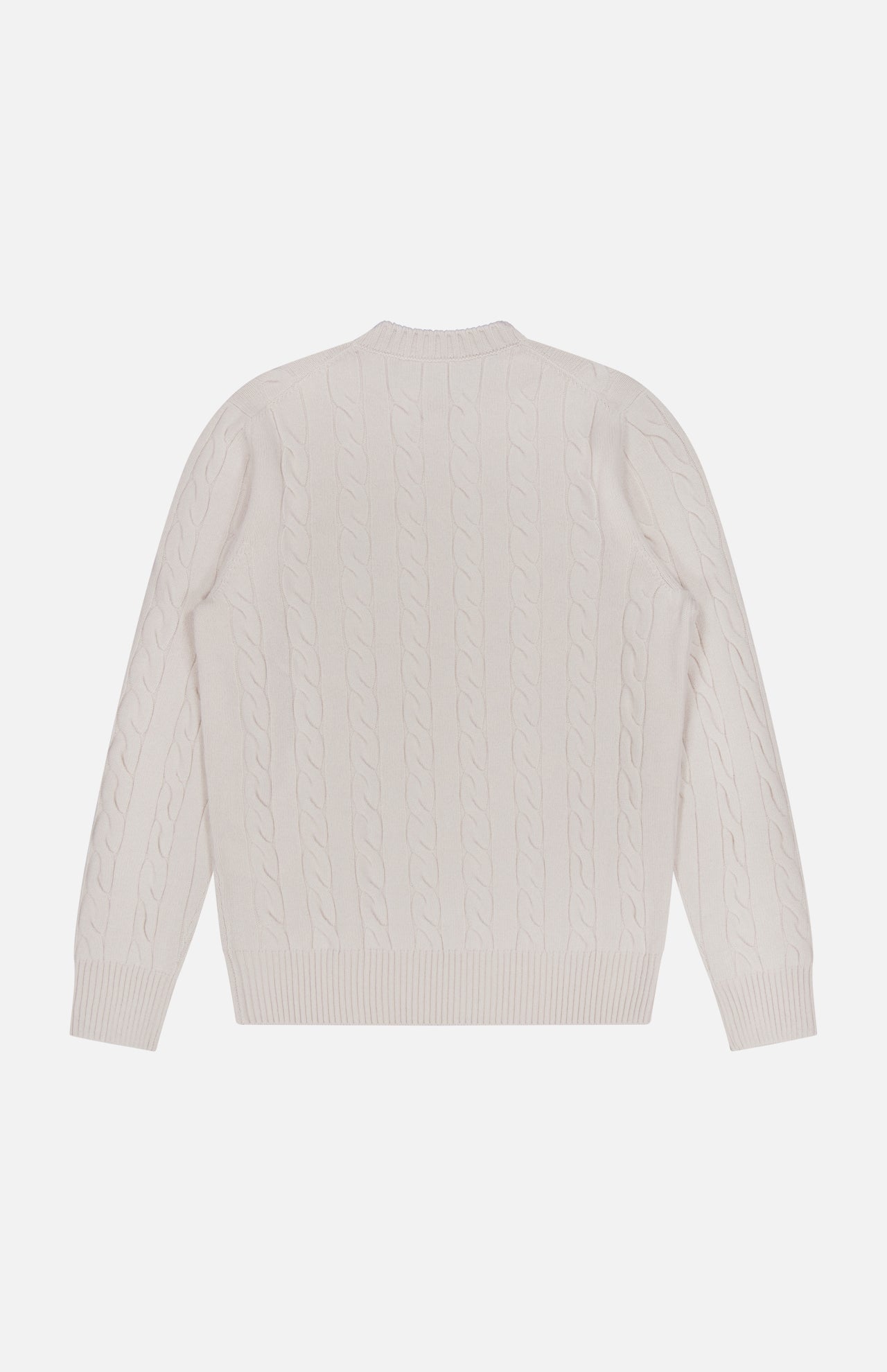 A GRAN SASSO Cable Knit Crewneck Sweater in a cream shade is displayed laid flat to show the back side. This wool-blend pullover features long sleeves, a crew neckline, and ribbed detailing at the cuffs, hem, and neck. The sweater is set against a plain white background.