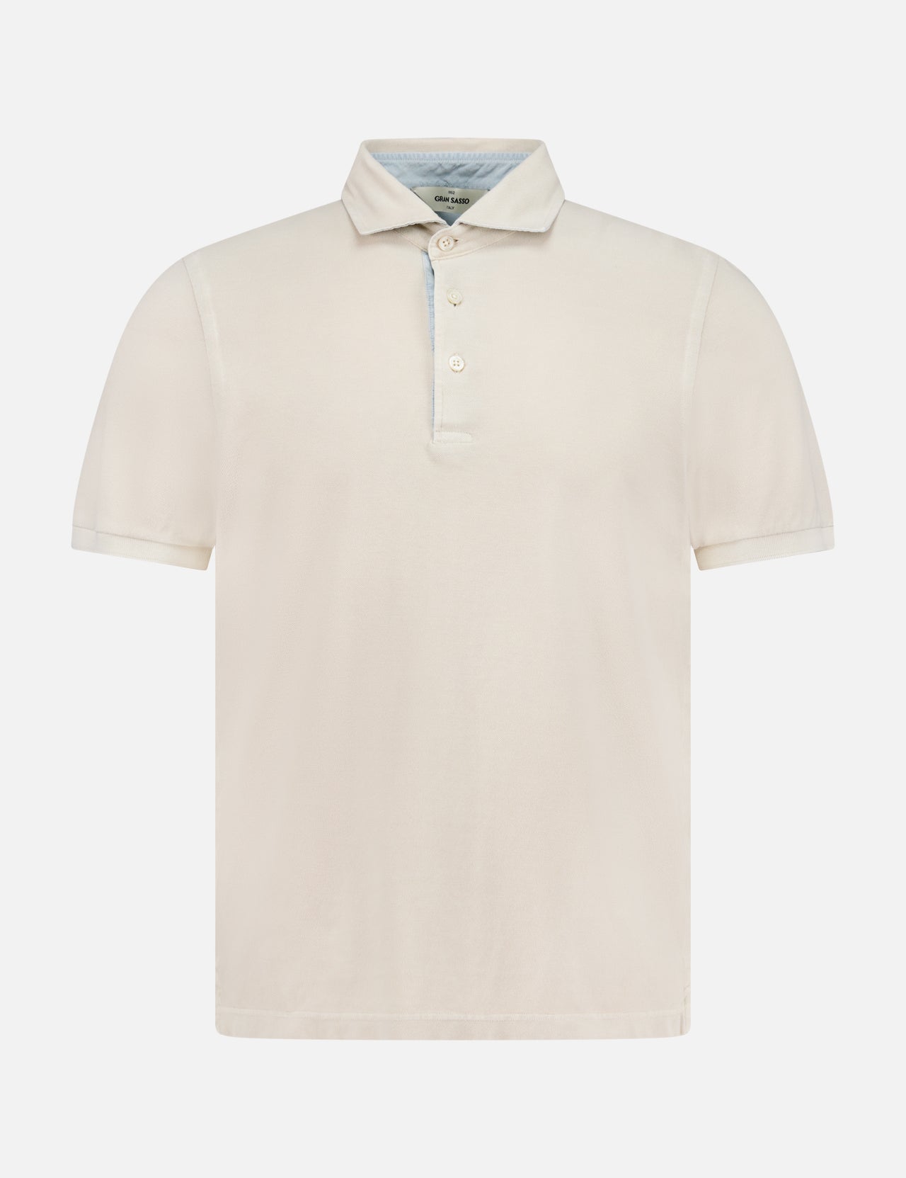 The GRAN SASSO Contrast Collar Polo Shirt is a tan, short-sleeved cotton polo with a collared design and three front buttons, made in Italy and shown against a white background.