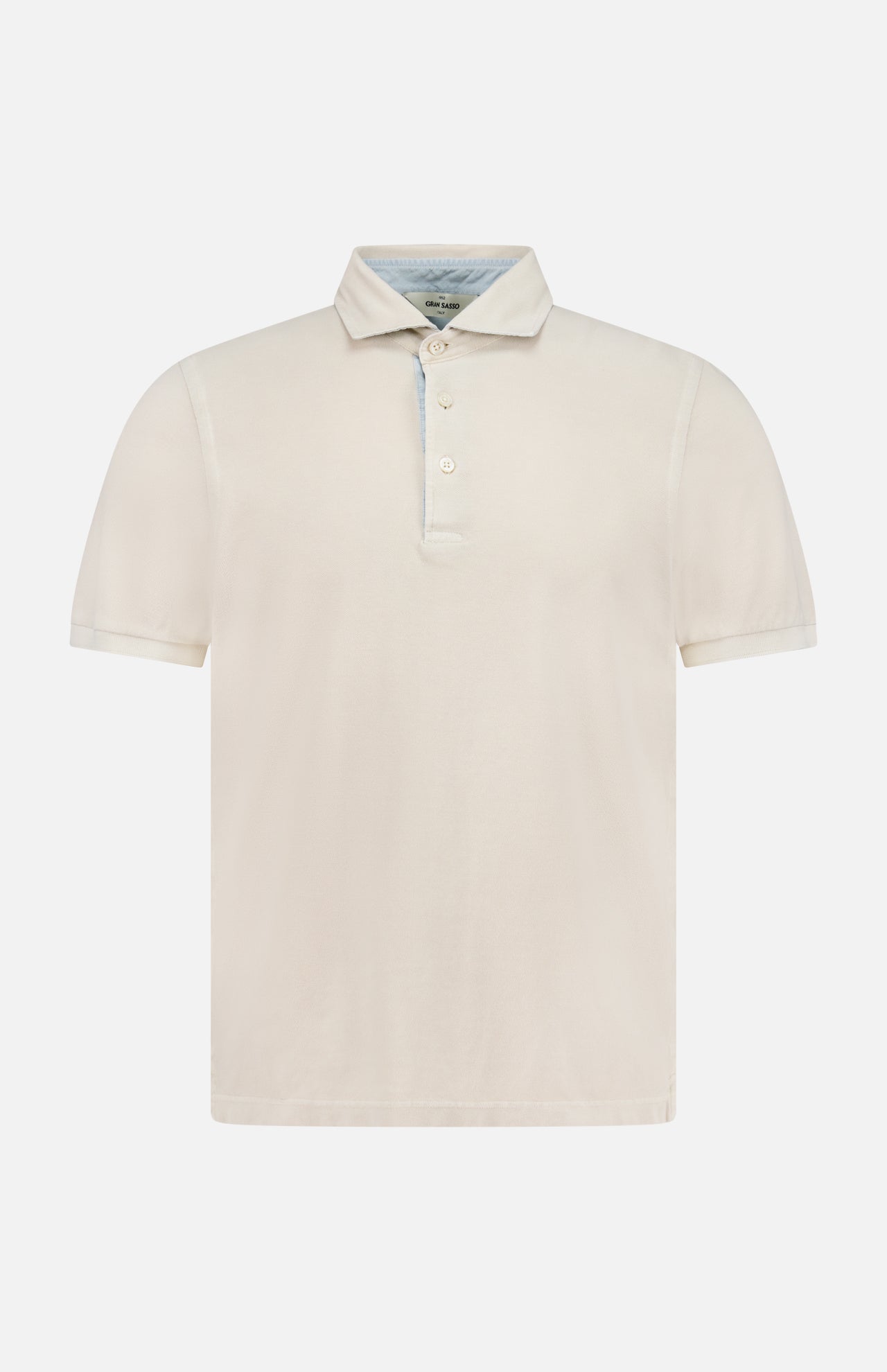 The GRAN SASSO Contrast Collar Polo Shirt is a tan, short-sleeved cotton polo with a collared design and three front buttons, made in Italy and shown against a white background.