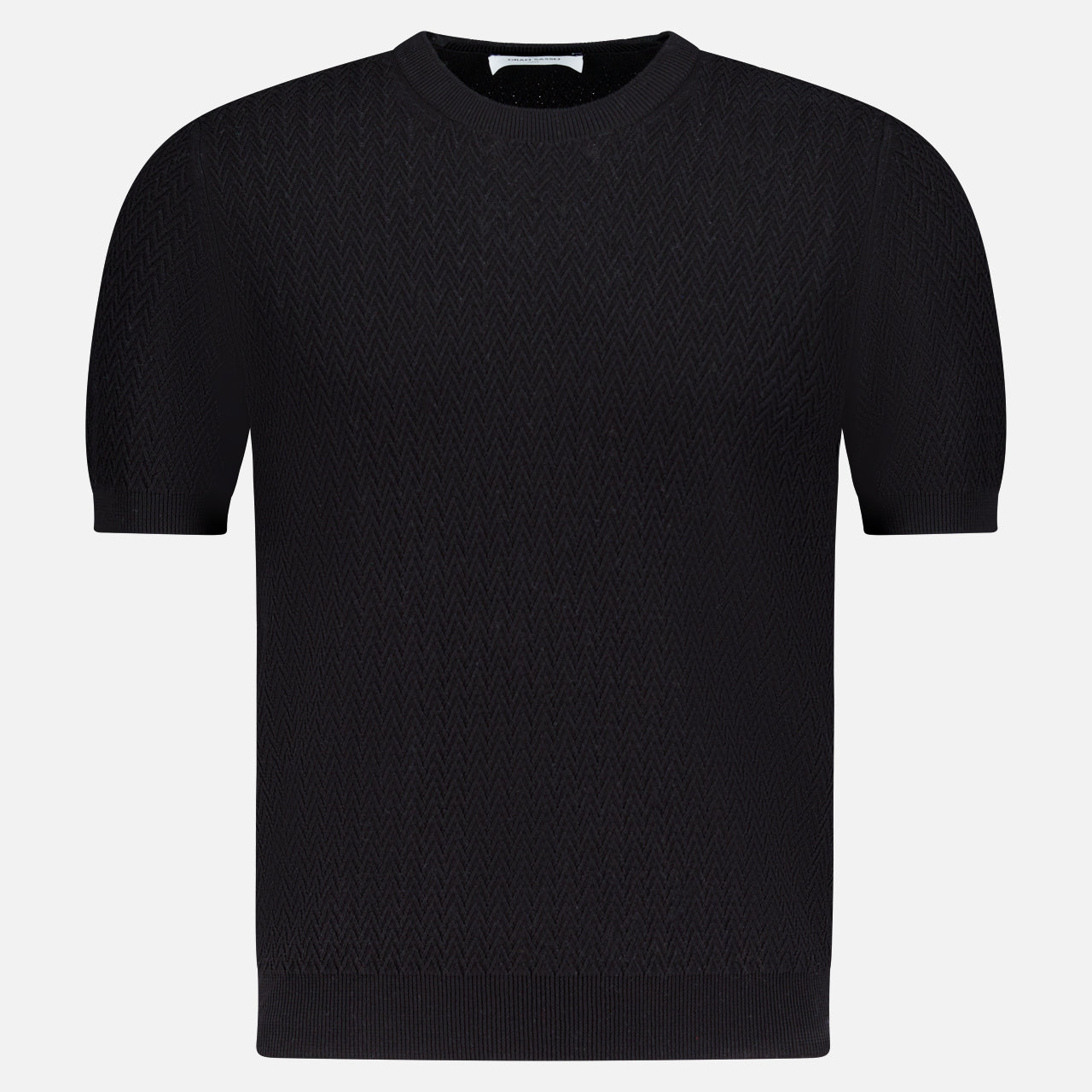 The GRAN SASSO Crewneck Short Sleeve Sweater is a black cotton knit with a subtle chevron pattern, ribbed hem, and crew neckline, shown against a white background.