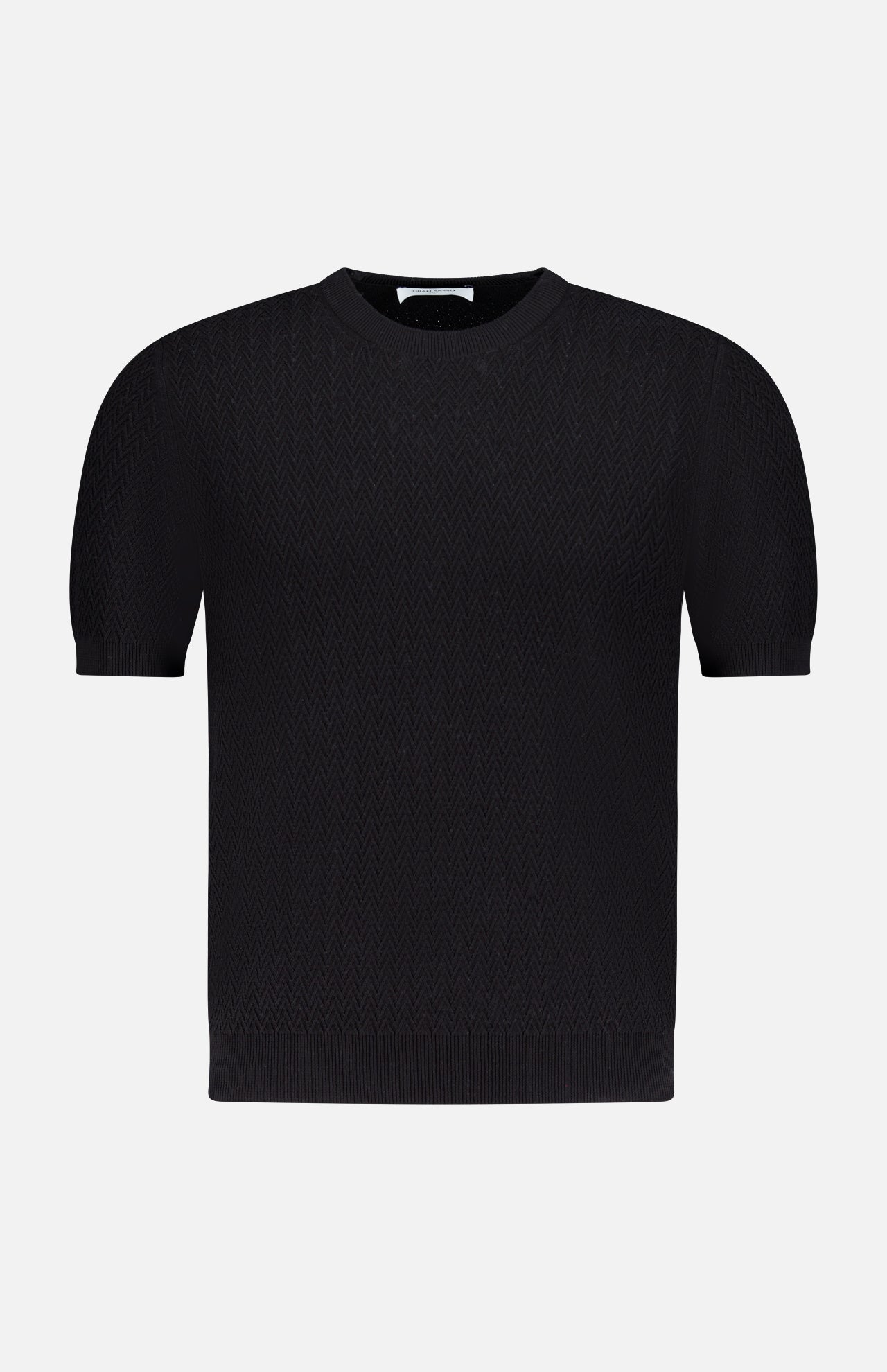 The GRAN SASSO Crewneck Short Sleeve Sweater is a black cotton knit with a subtle chevron pattern, ribbed hem, and crew neckline, shown against a white background.