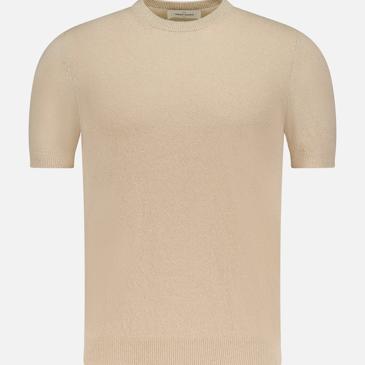 The GRAN SASSO French Terry Short Sleeve Crewneck Sweater in beige features a fitted silhouette with ribbed collar, sleeves, and hem for a timeless look, shown against a white background.