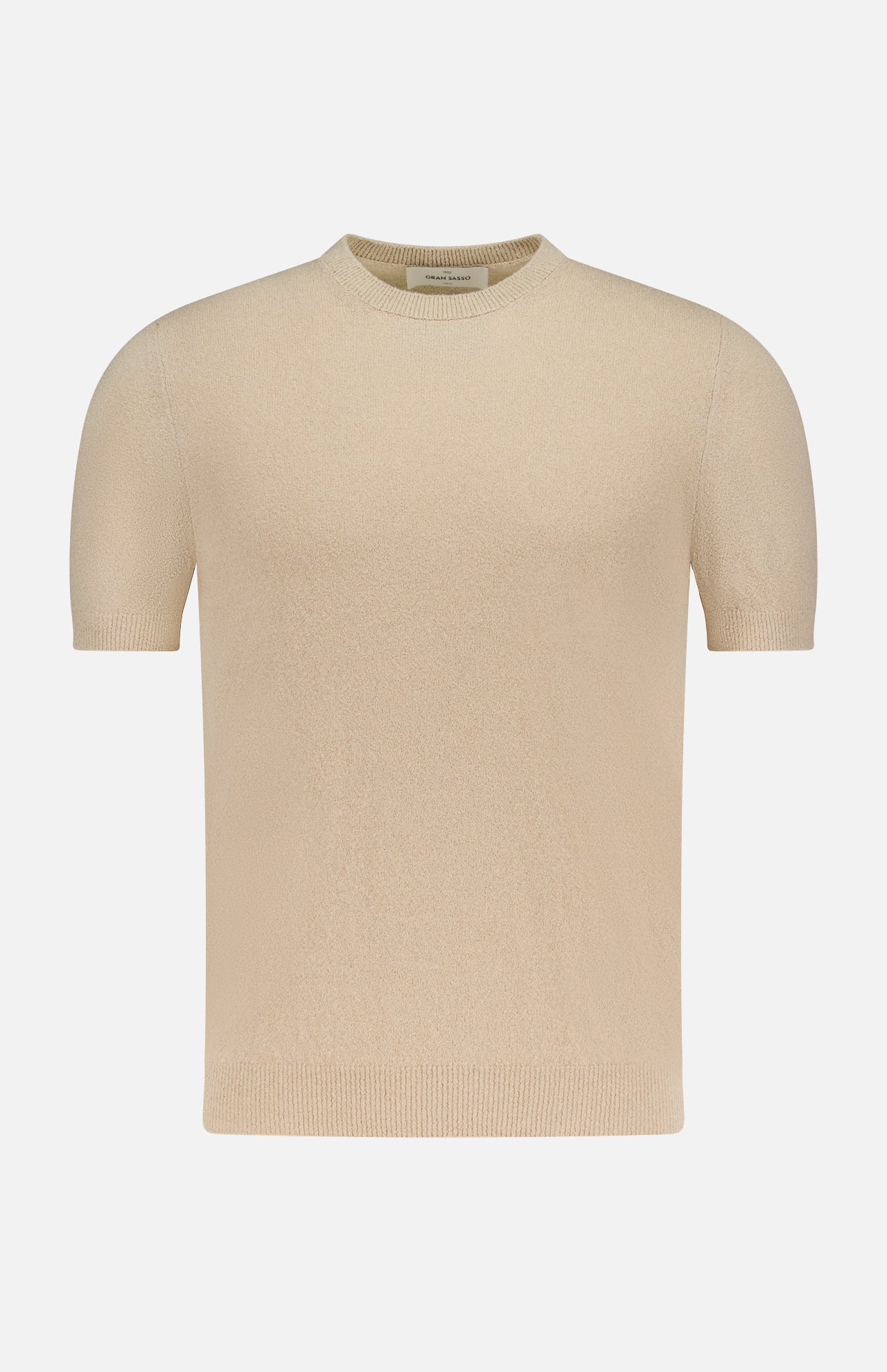The GRAN SASSO French Terry Short Sleeve Crewneck Sweater in beige features a fitted silhouette with ribbed collar, sleeves, and hem for a timeless look, shown against a white background.