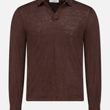 The GRAN SASSO Johnny Collar Long Sleeve Polo Shirt is a sheer brown men's top with a V-neck opening, shown on a plain white background.