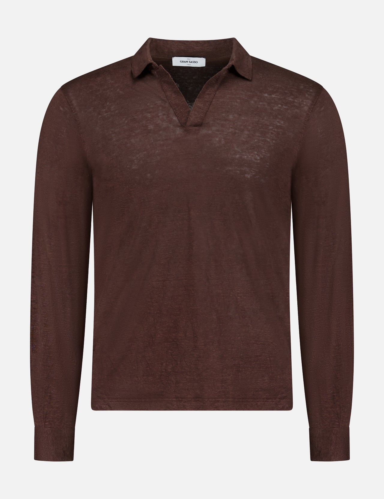 The GRAN SASSO Johnny Collar Long Sleeve Polo Shirt is a sheer brown men's top with a V-neck opening, shown on a plain white background.