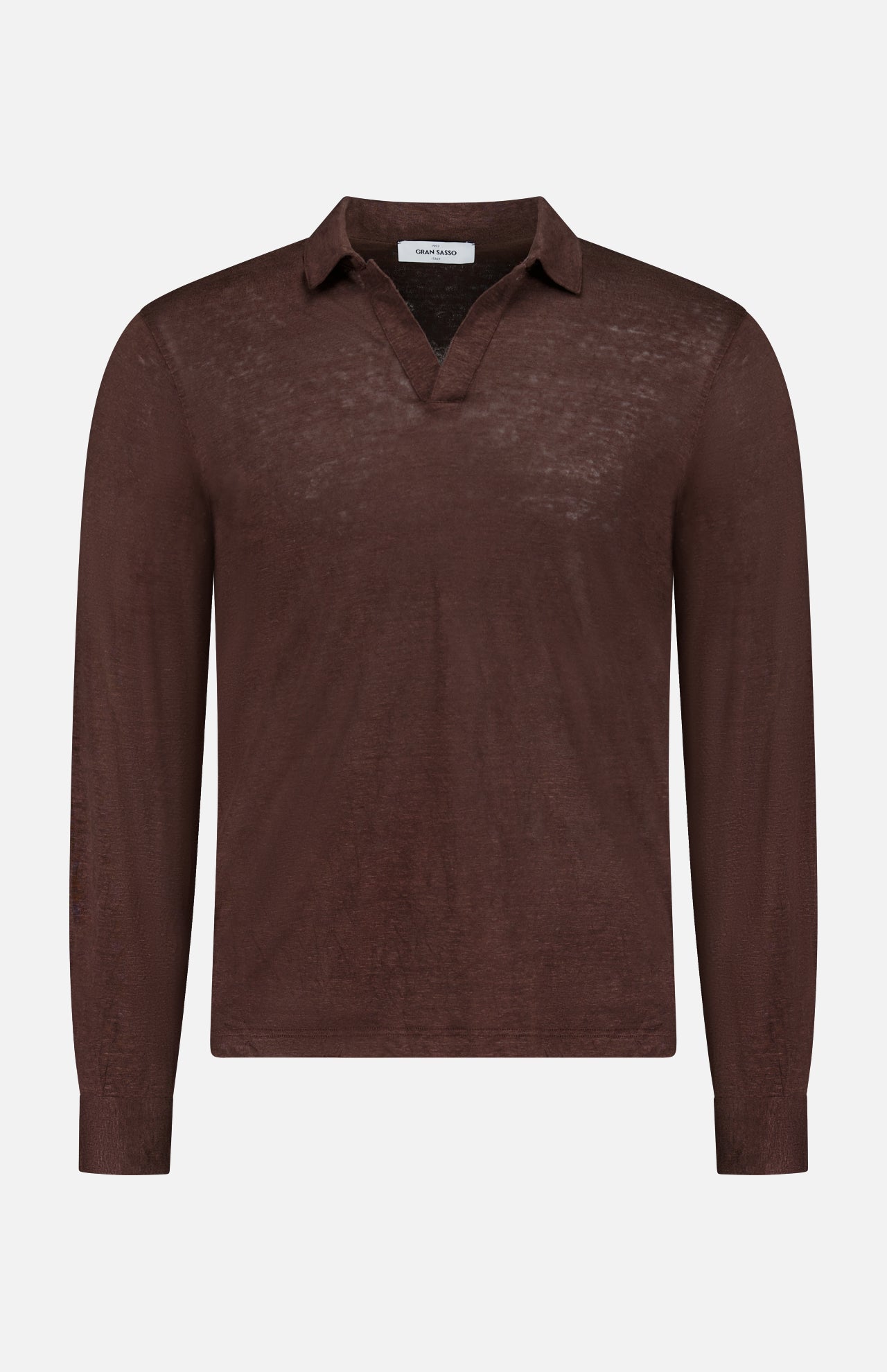 The GRAN SASSO Johnny Collar Long Sleeve Polo Shirt is a sheer brown men's top with a V-neck opening, shown on a plain white background.