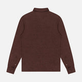 The GRAN SASSO Johnny Collar Long Sleeve Polo Shirt is displayed from the back, laid flat on a white background. This dark brown shirt features buttoned cuffs, a straight hem, and a classic Johnny collar for timeless style.