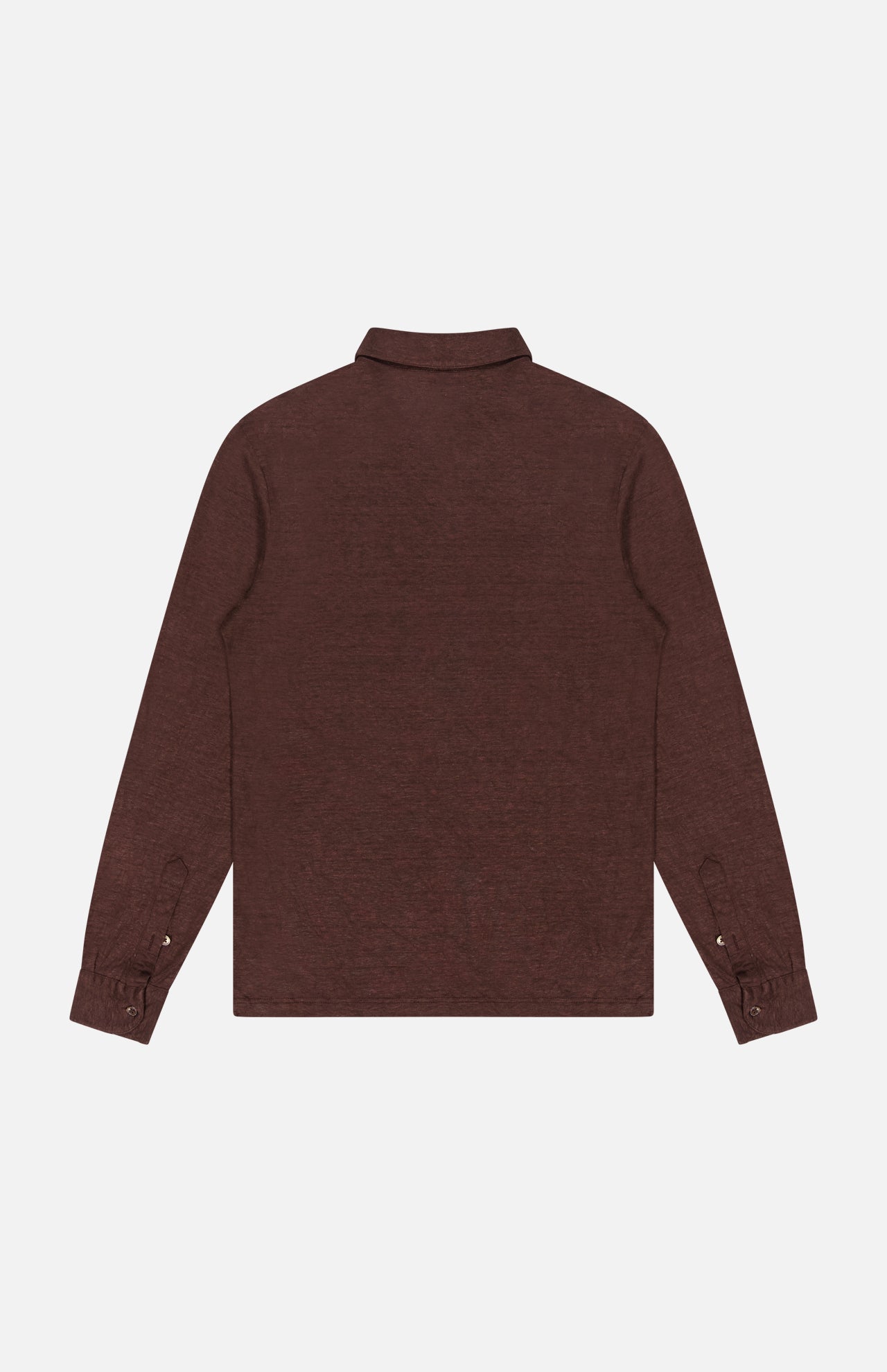 The GRAN SASSO Johnny Collar Long Sleeve Polo Shirt is displayed from the back, laid flat on a white background. This dark brown shirt features buttoned cuffs, a straight hem, and a classic Johnny collar for timeless style.