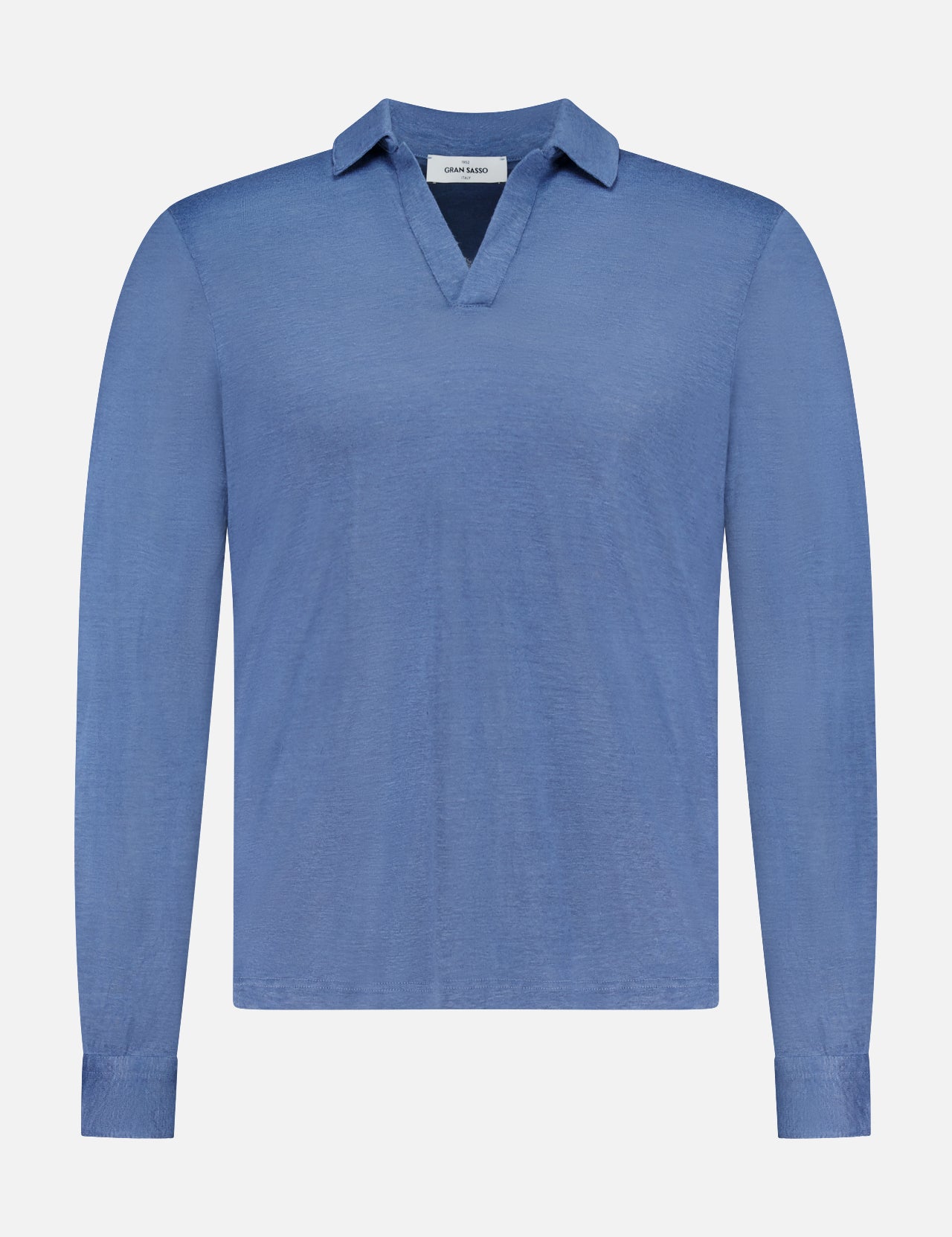 The GRAN SASSO Johnny Collar Long Sleeve Polo Shirt in light blue features buttoned cuffs and is shown on a plain white background.