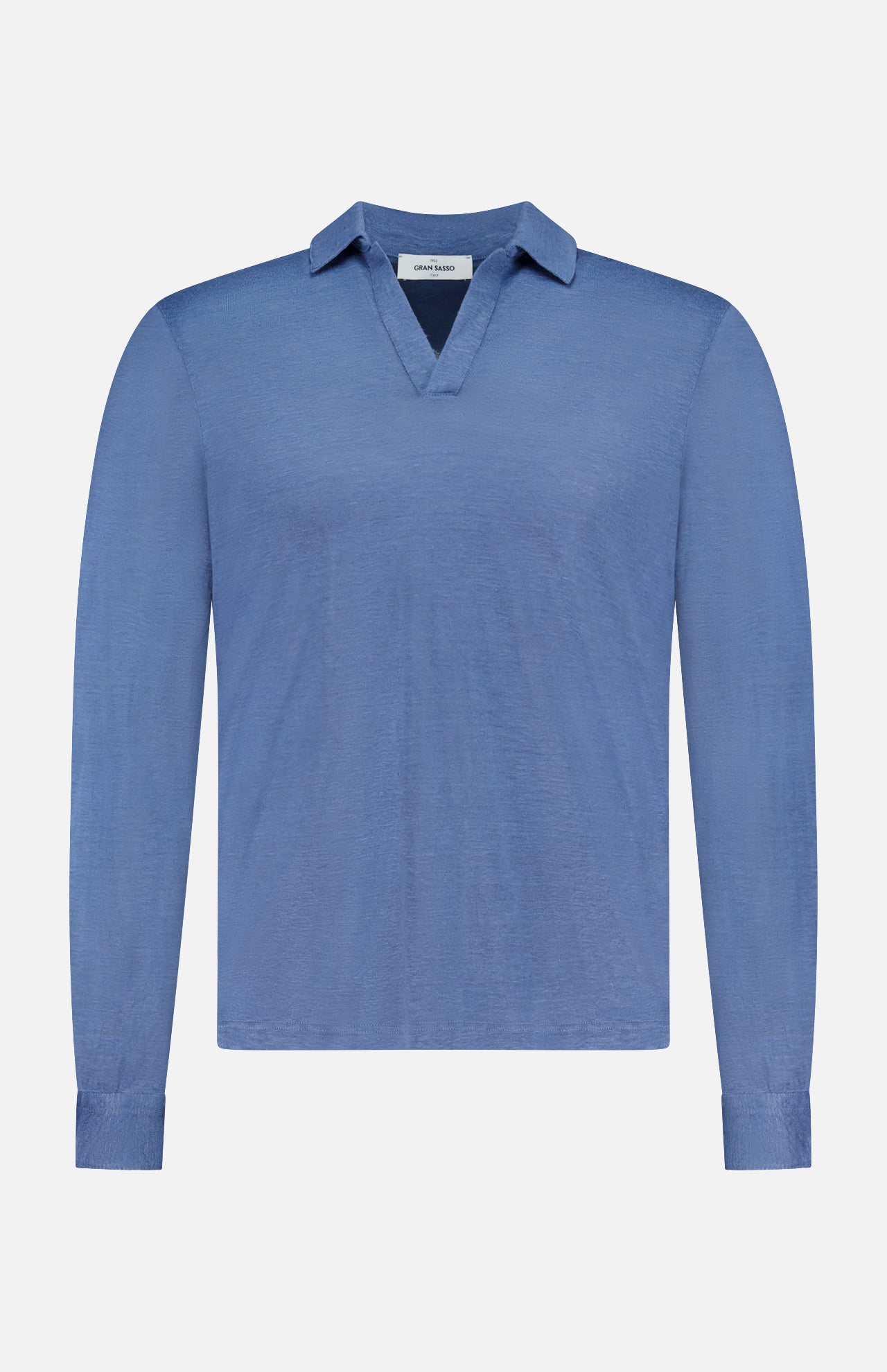 The GRAN SASSO Johnny Collar Long Sleeve Polo Shirt in light blue features buttoned cuffs and is shown on a plain white background.