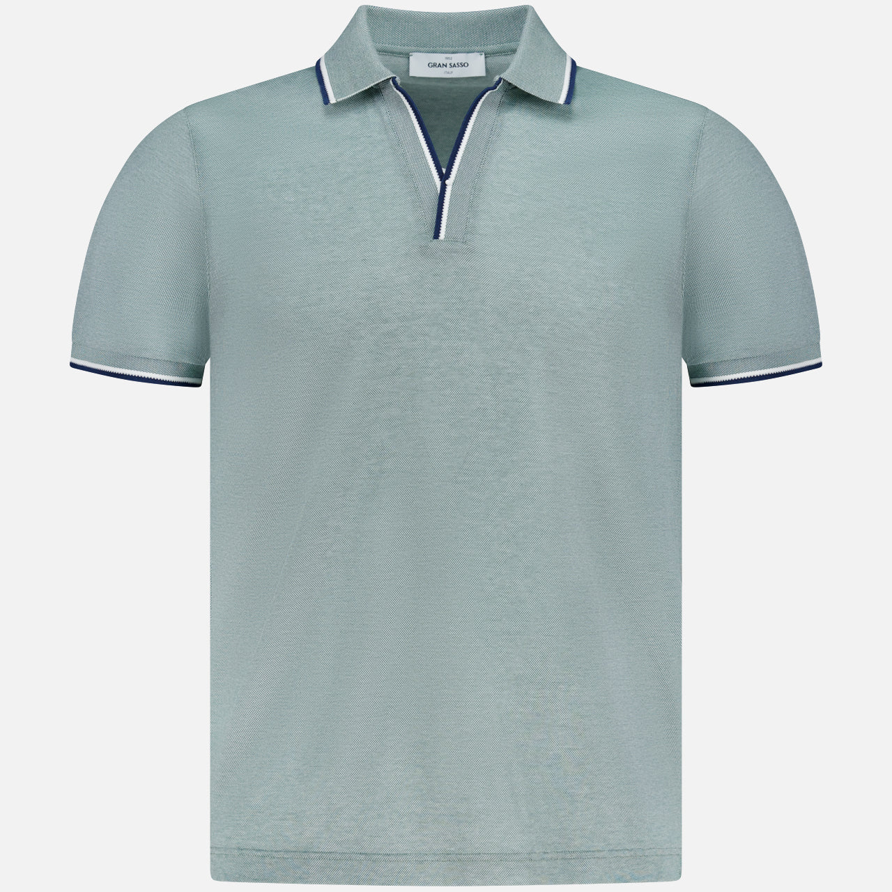The GRAN SASSO Johnny Collar Polo Shirt features light blue short sleeves and a Johnny collar with navy and white trim on the collar and cuffs, shown against a plain white background.