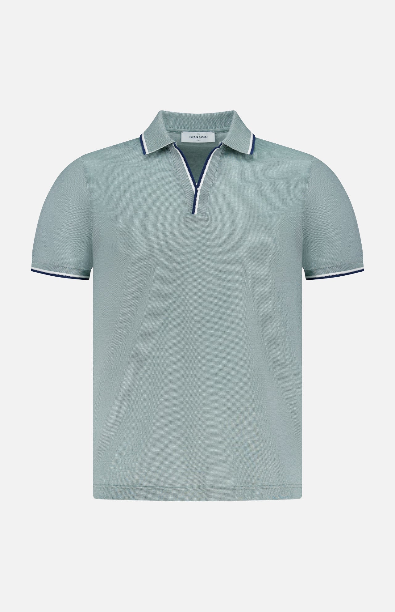 The GRAN SASSO Johnny Collar Polo Shirt features light blue short sleeves and a Johnny collar with navy and white trim on the collar and cuffs, shown against a plain white background.