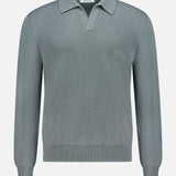 The GRAN SASSO Johnny Collar Polo Sweater is a light gray, long-sleeved knit crafted from virgin wool. It features a flattering V-shaped neckline with a distinctive Johnny collar and is finished with ribbed cuffs and hem for a fitted silhouette, shown against a plain white background.