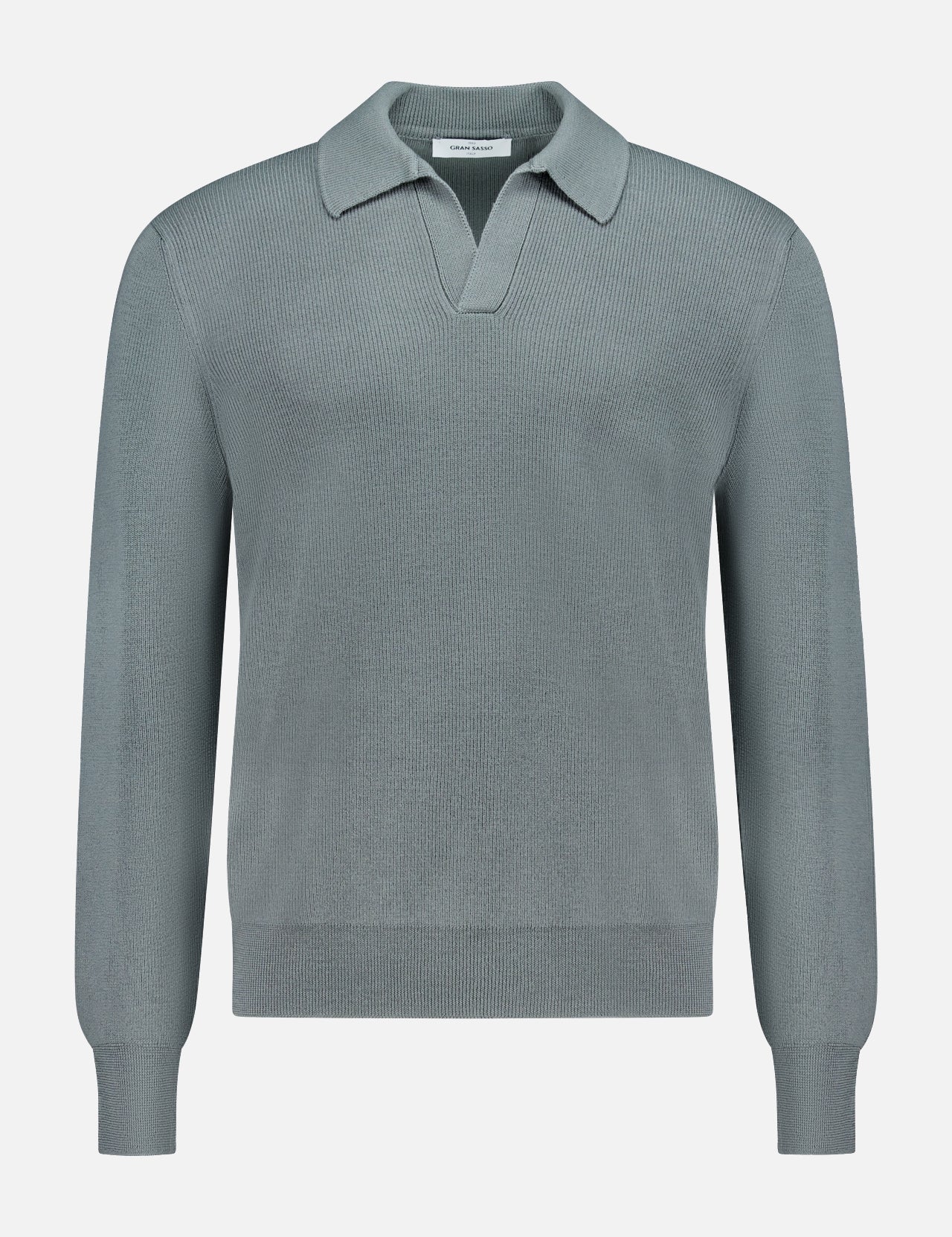 The GRAN SASSO Johnny Collar Polo Sweater is a light gray, long-sleeved knit crafted from virgin wool. It features a flattering V-shaped neckline with a distinctive Johnny collar and is finished with ribbed cuffs and hem for a fitted silhouette, shown against a plain white background.