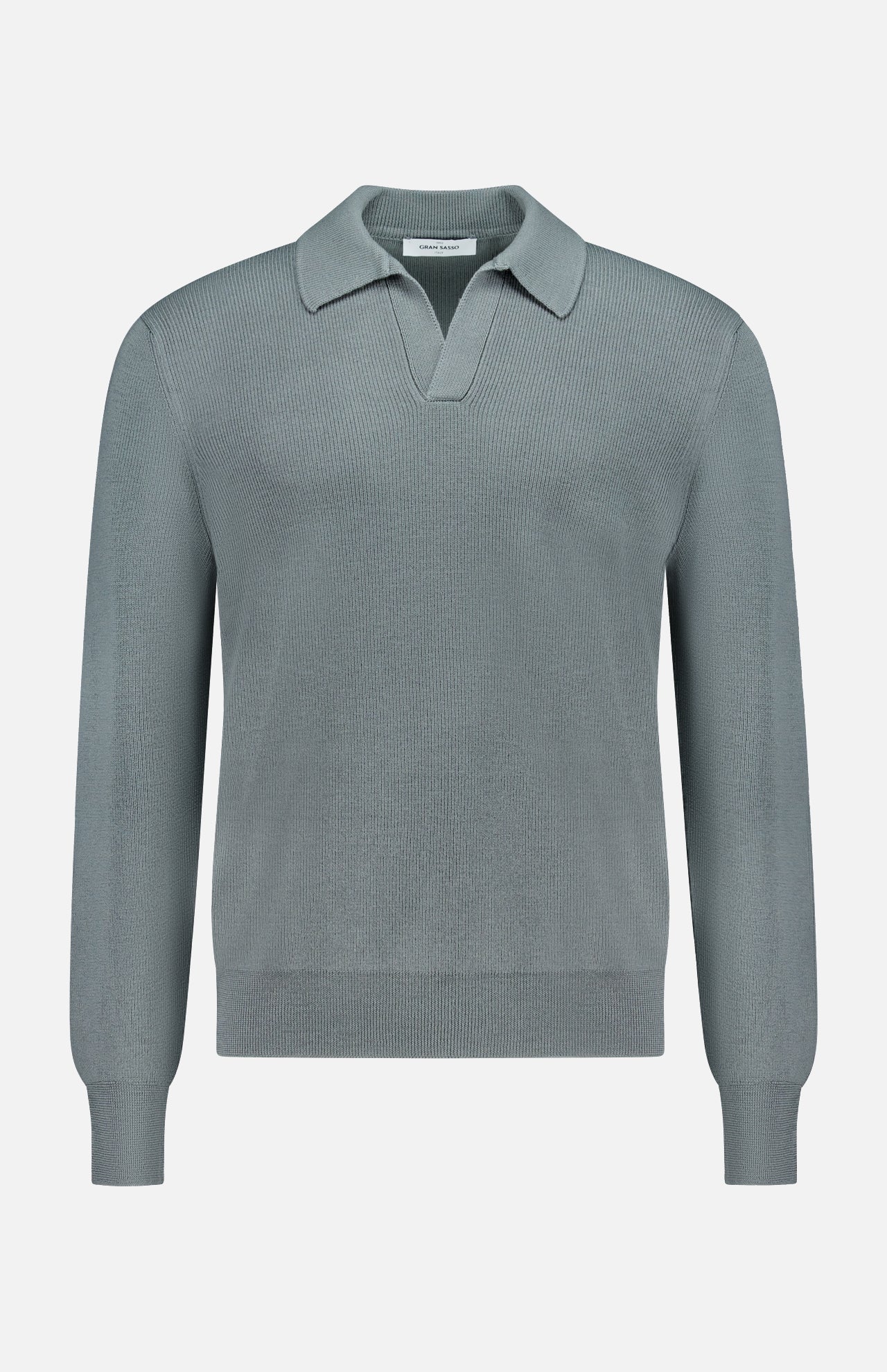 The GRAN SASSO Johnny Collar Polo Sweater is a light gray, long-sleeved knit crafted from virgin wool. It features a flattering V-shaped neckline with a distinctive Johnny collar and is finished with ribbed cuffs and hem for a fitted silhouette, shown against a plain white background.