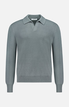 The GRAN SASSO Johnny Collar Polo Sweater is a light gray, long-sleeved knit crafted from virgin wool. It features a flattering V-shaped neckline with a distinctive Johnny collar and is finished with ribbed cuffs and hem for a fitted silhouette, shown against a plain white background.