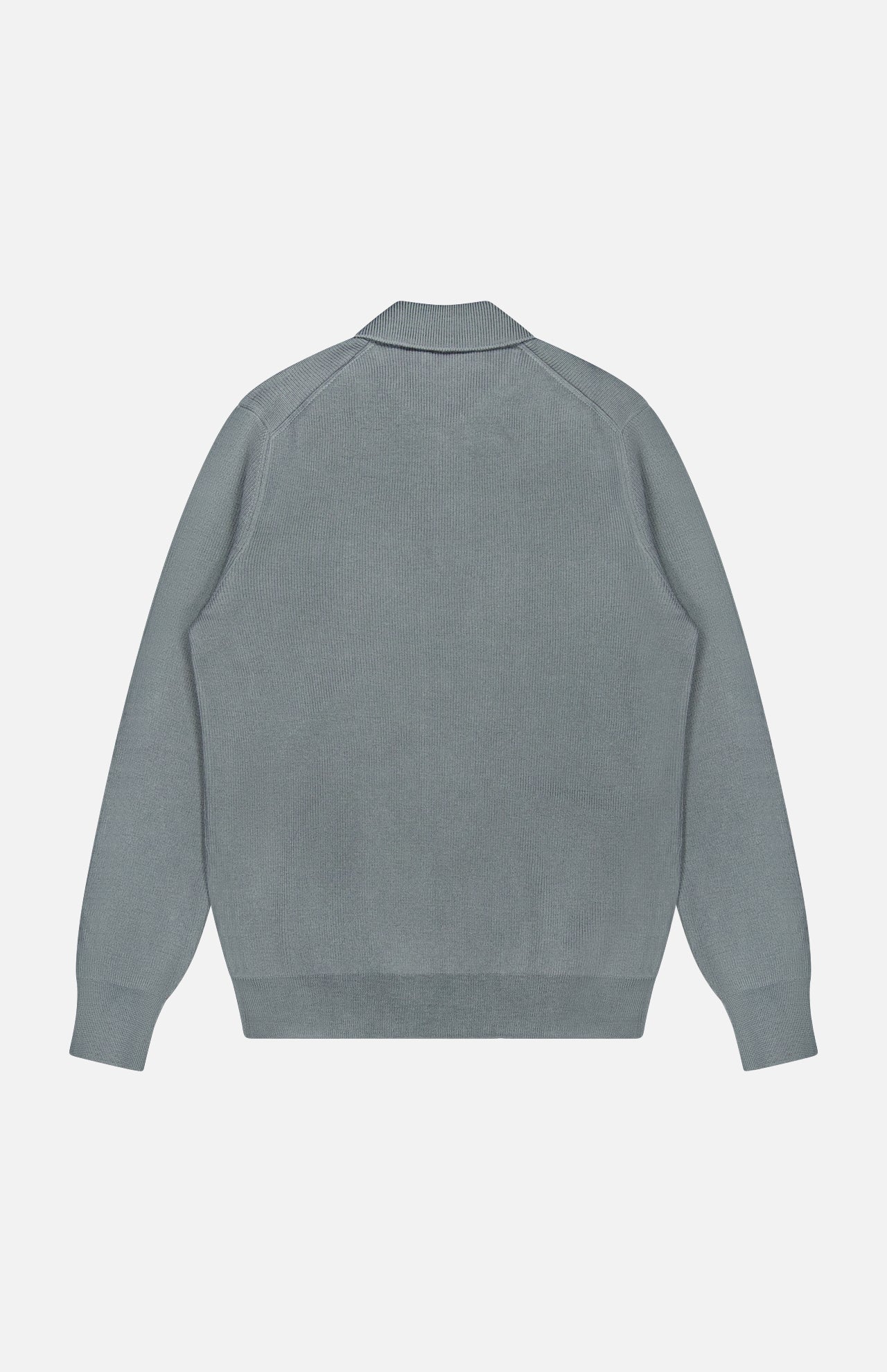 A plain, light gray Johnny Collar Polo Sweater by GRAN SASSO is laid flat with the back facing up, featuring long sleeves, ribbed cuffs, and a ribbed collar.