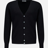The GRAN SASSO Light Cardigan Sweater is a black, long-sleeve, V-neck wool blend cardigan featuring a button-down front, made in Italy and shown on a plain white background.
