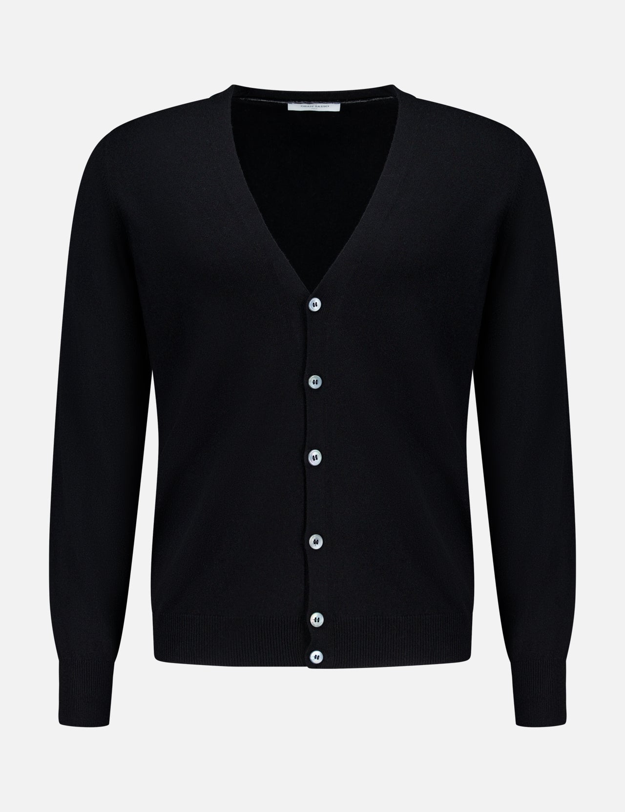 The GRAN SASSO Light Cardigan Sweater is a black, long-sleeve, V-neck wool blend cardigan featuring a button-down front, made in Italy and shown on a plain white background.
