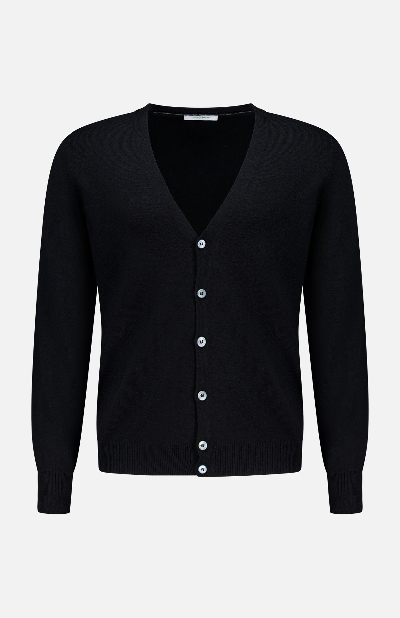 The GRAN SASSO Light Cardigan Sweater is a black, long-sleeve, V-neck wool blend cardigan featuring a button-down front, made in Italy and shown on a plain white background.